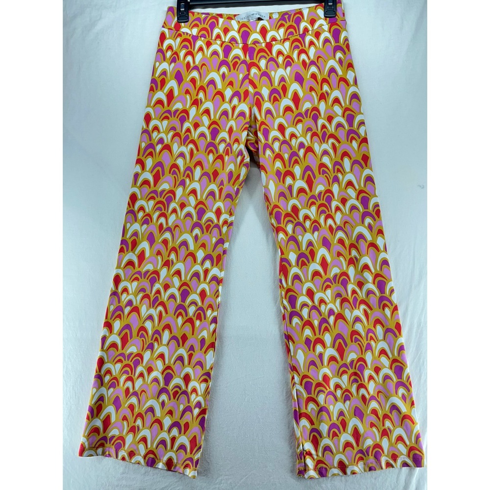 Lesley Evers Womens Small Retro Scallop Print Wide Leg Pull On Pants Multi-Color